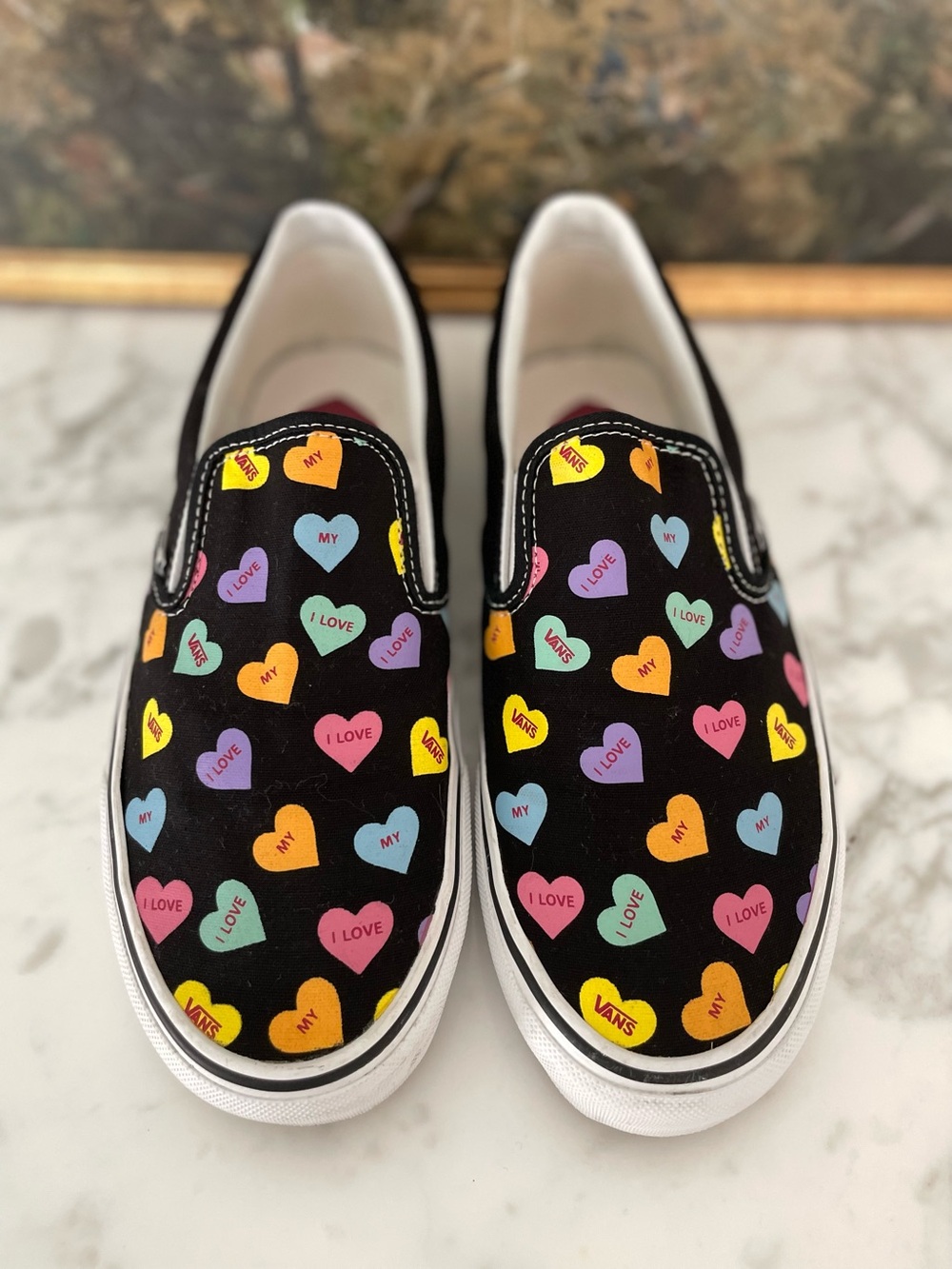 Vans slip on sneakers I love my vans hearts candy size 10.5 women black